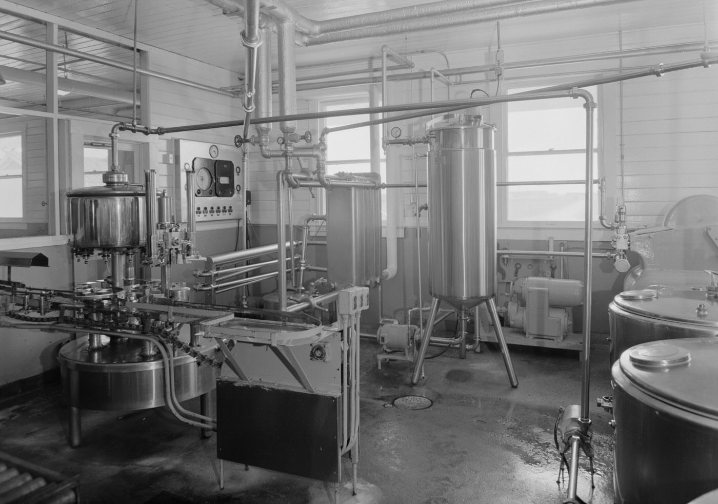Interior of Hillcrest Farms with Dairy Equipment, 1957.