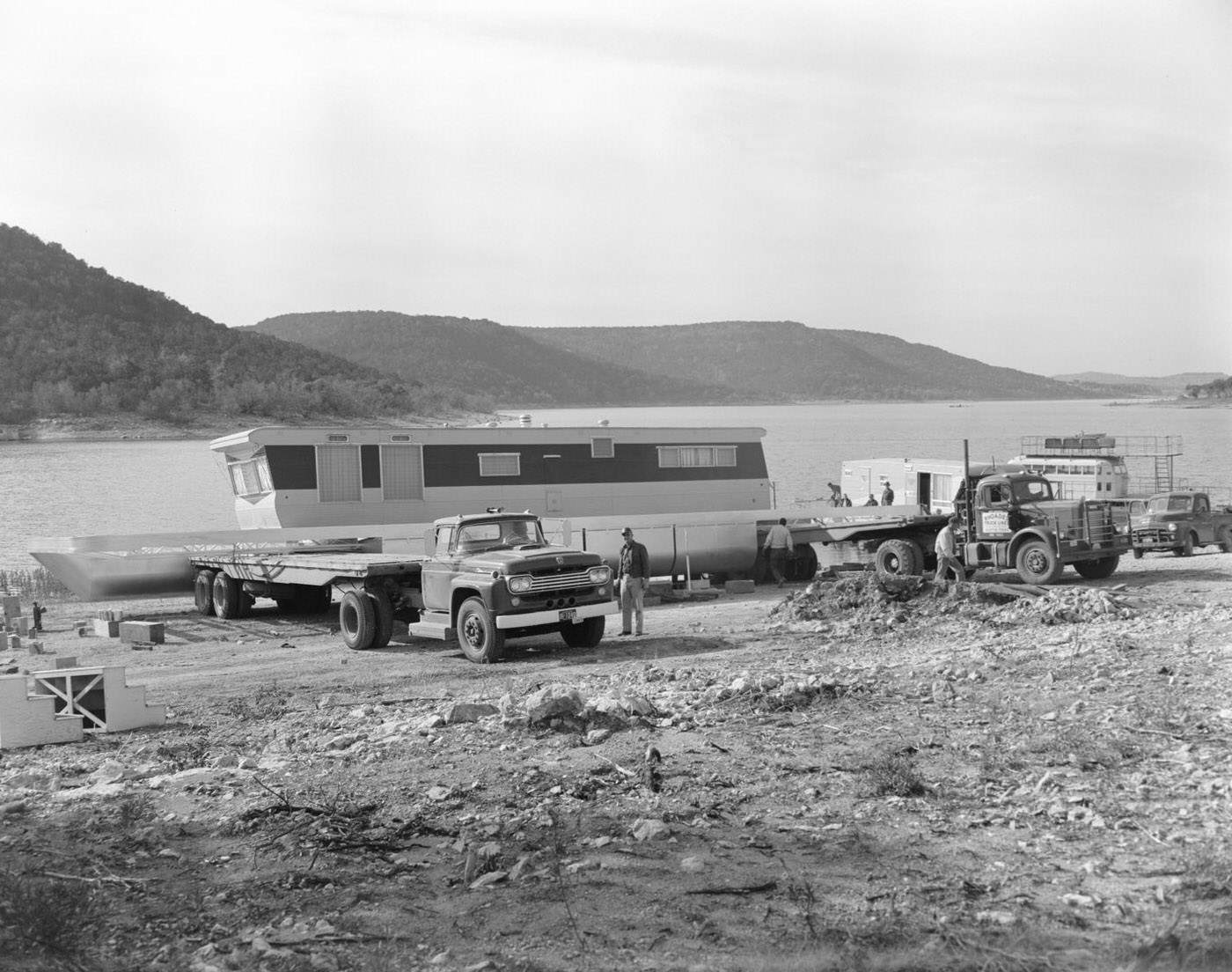 Houseboat Launching with Parked Trucks, 1958.