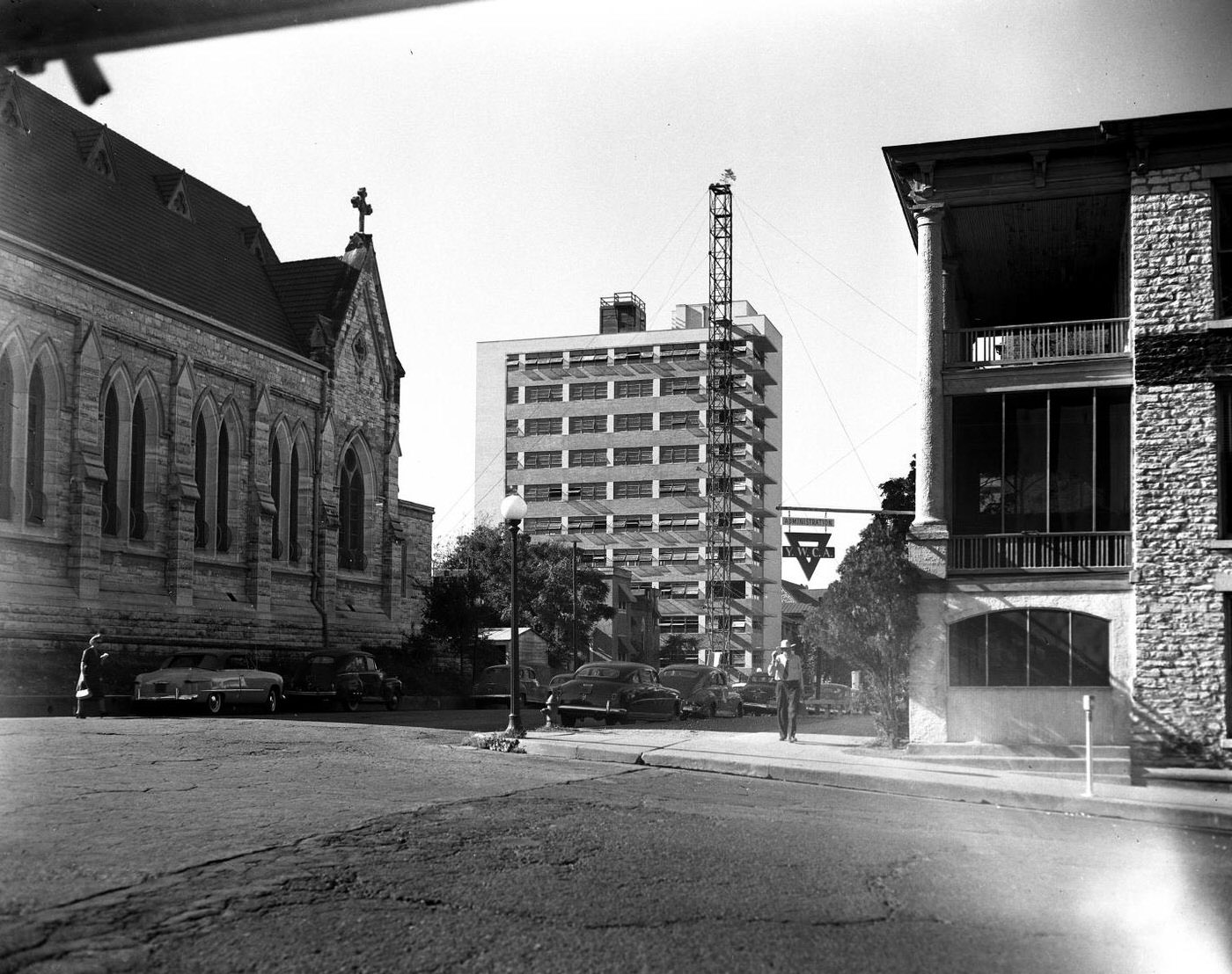 Construction Site View from E. 10th and Brazos, 1951.