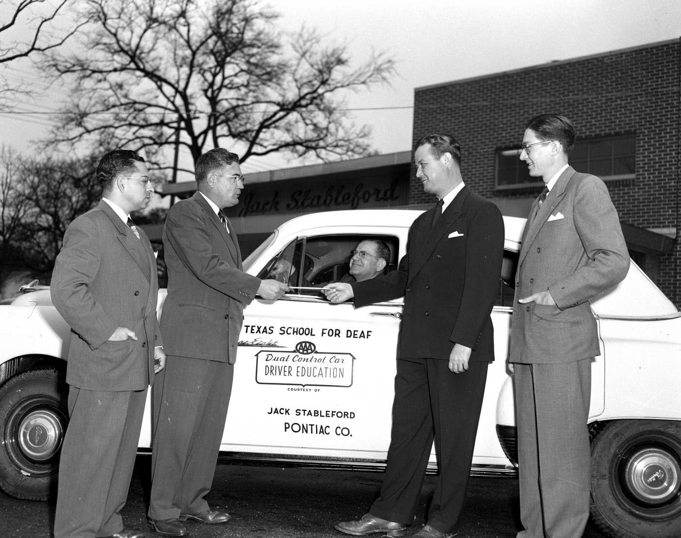 Men Beside Texas School for Deaf Driver Education Car, 1952.