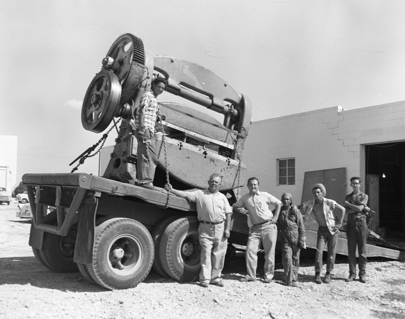 Rhodes Truck Lines Employees with Large Trailer, 1958.