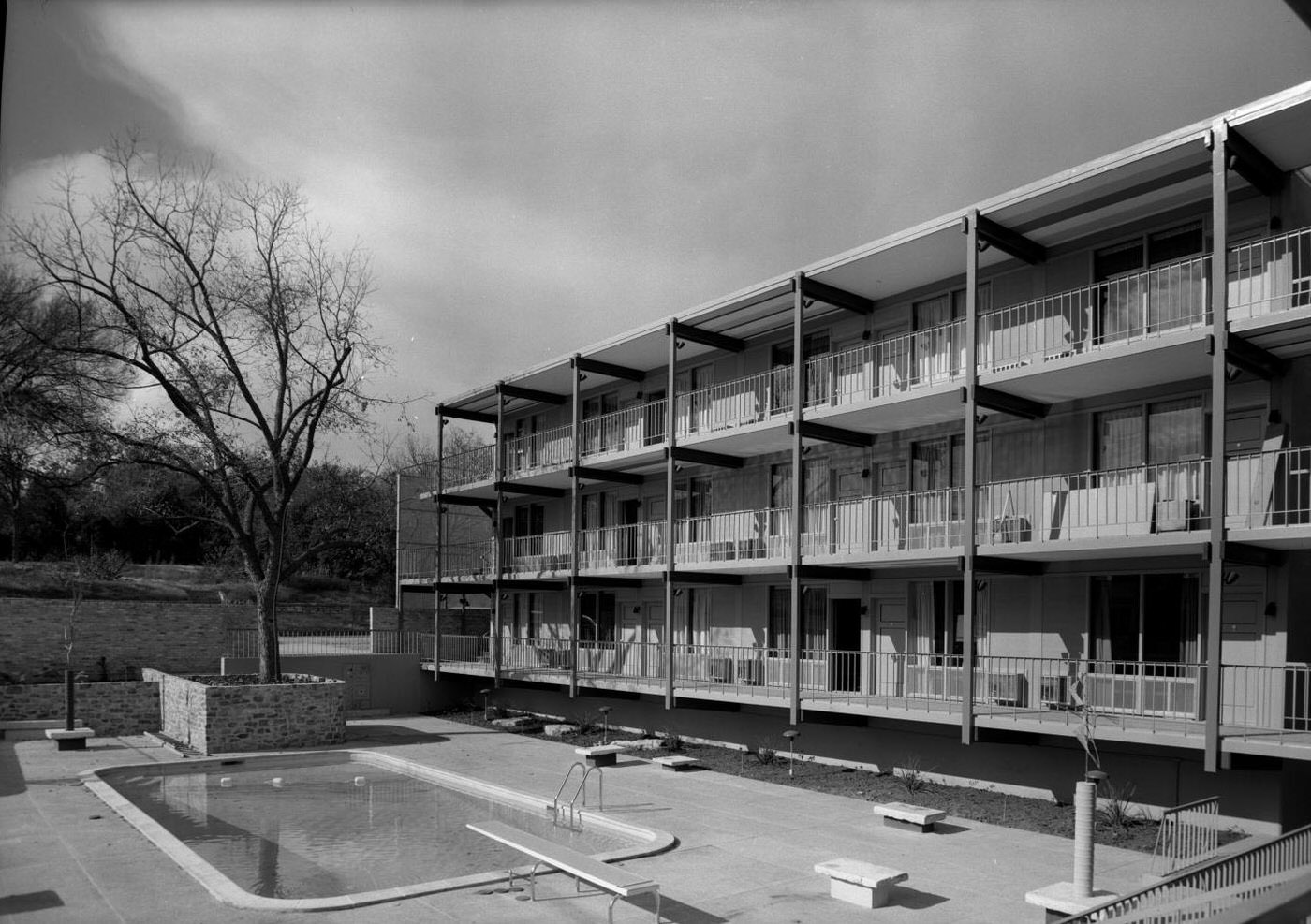 Rio House Apartments, Exterior View and Swimming Pool, 1959.