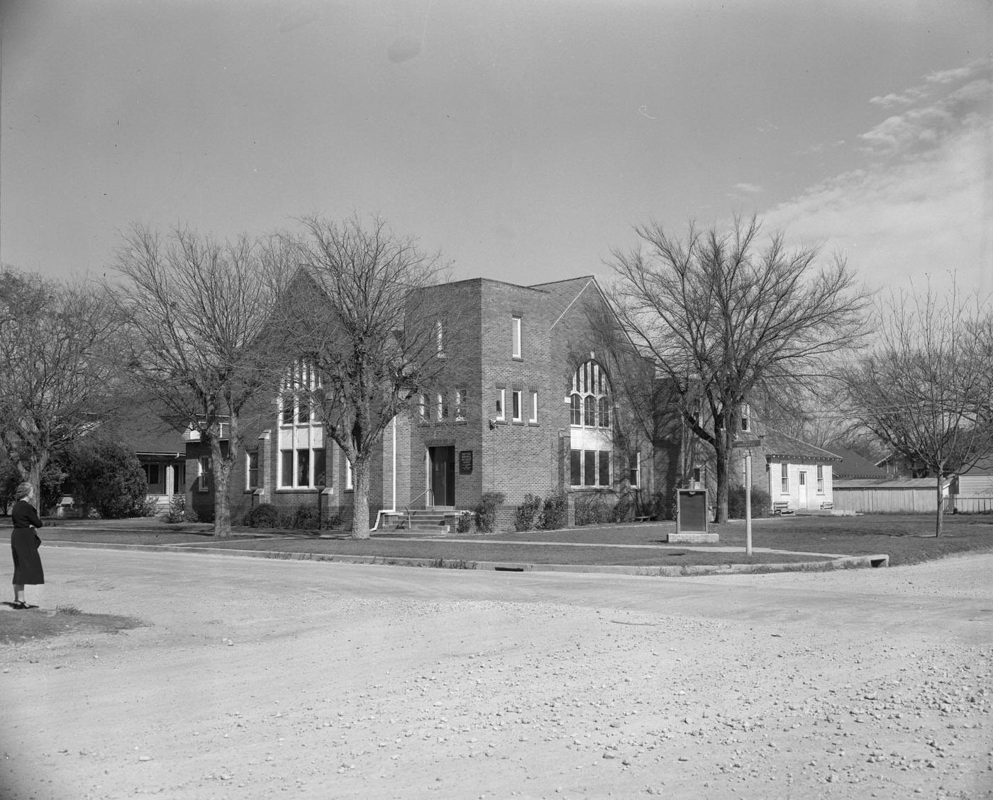 Shettles Memorial Methodist Church, Corner of 40th & Speedway With Woman Across Street, 1950.