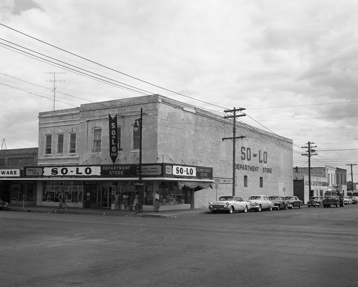 So-Lo Dept. Store, Exterior Managed by Maynard J Wizig at 501 E 6th St., 1956.