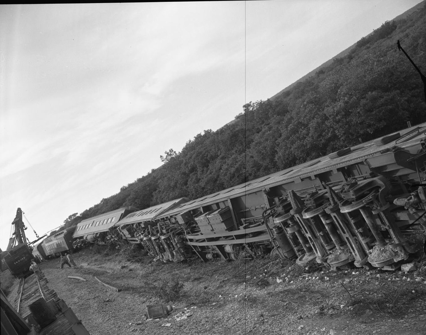 Train Wreck at Lampasas with Crane in Background, 1950.