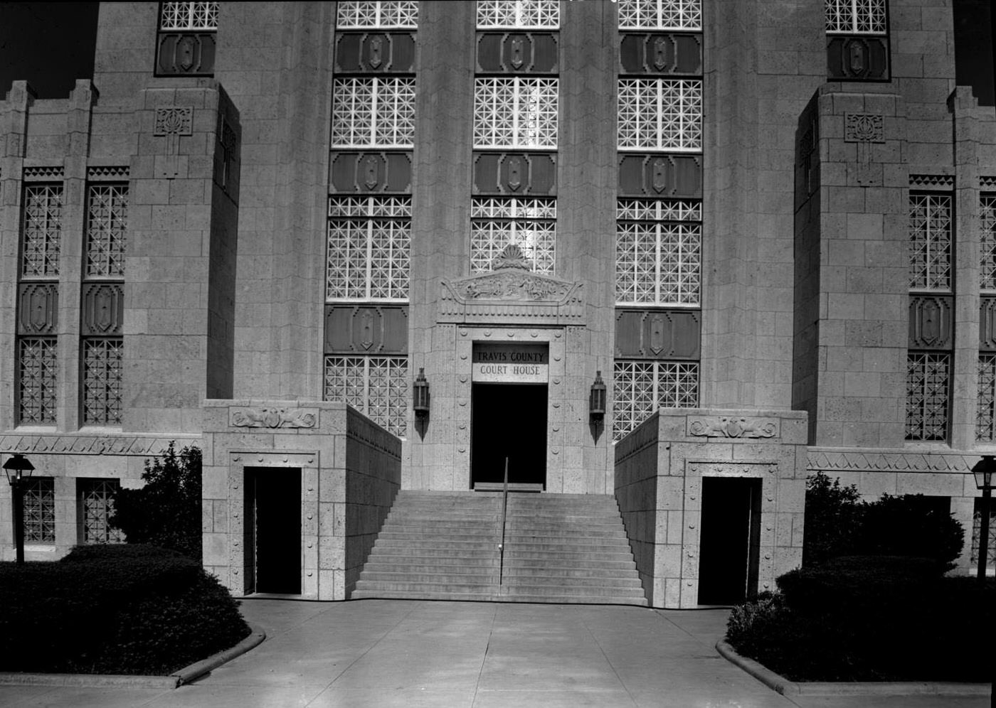 Travis County Courthouse Entrance with Gas Lights, 1959.