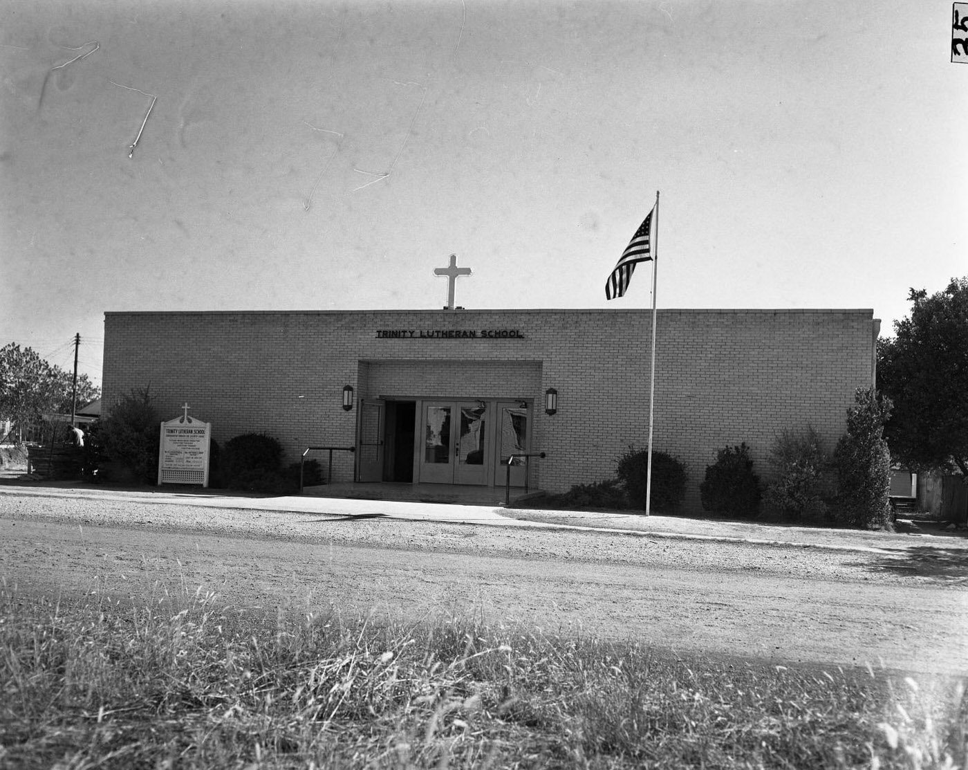 Exterior of Trinity Lutheran Church and School, 1951.