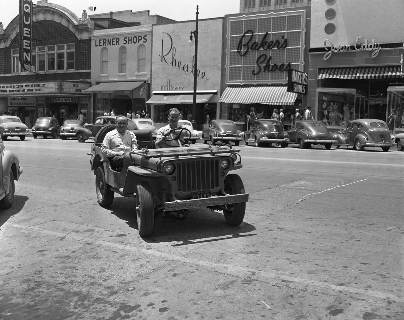 Men in Jeep on Congress Ave, 1950.