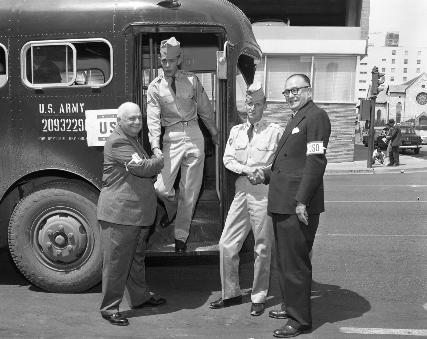 Soldiers Disembarking from U.S. Army Bus, 1956.