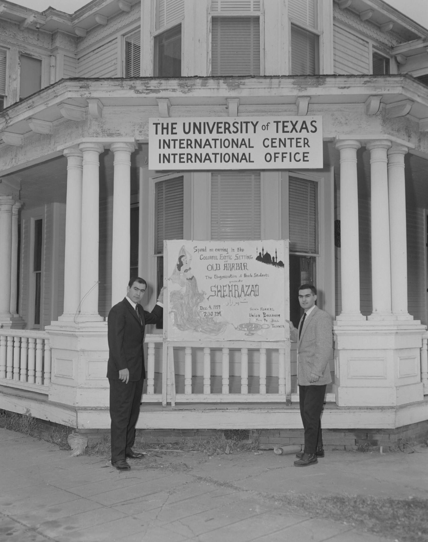 Men Holding Arab Students Dance Poster at UT International Center, 1959.