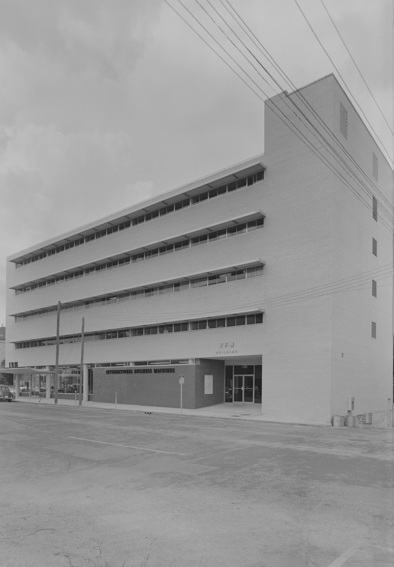 Exterior of VFW Building with IBM Signs, 1957.