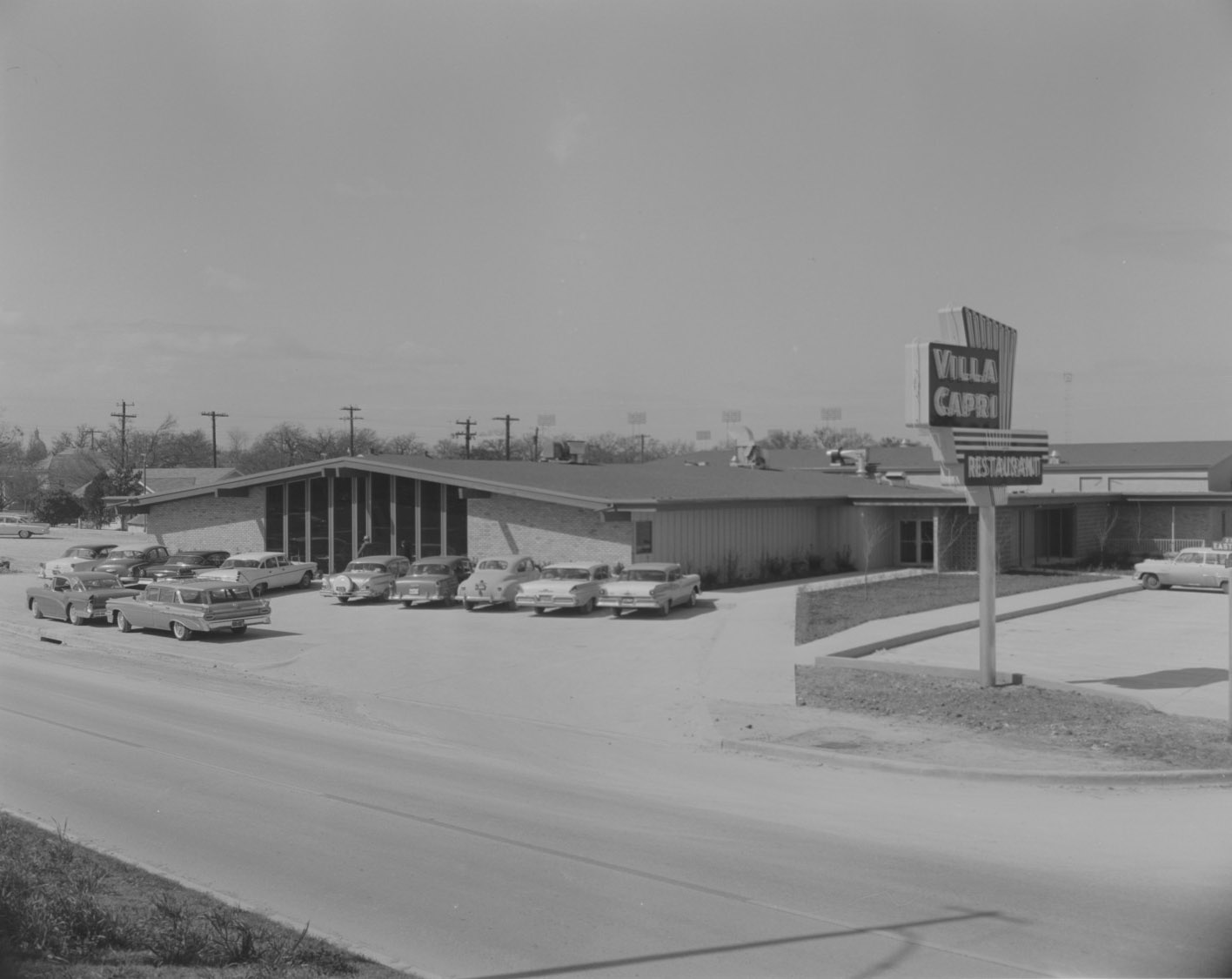 Exterior of Villa Capri Restaurant and Parking Lot, 1959.