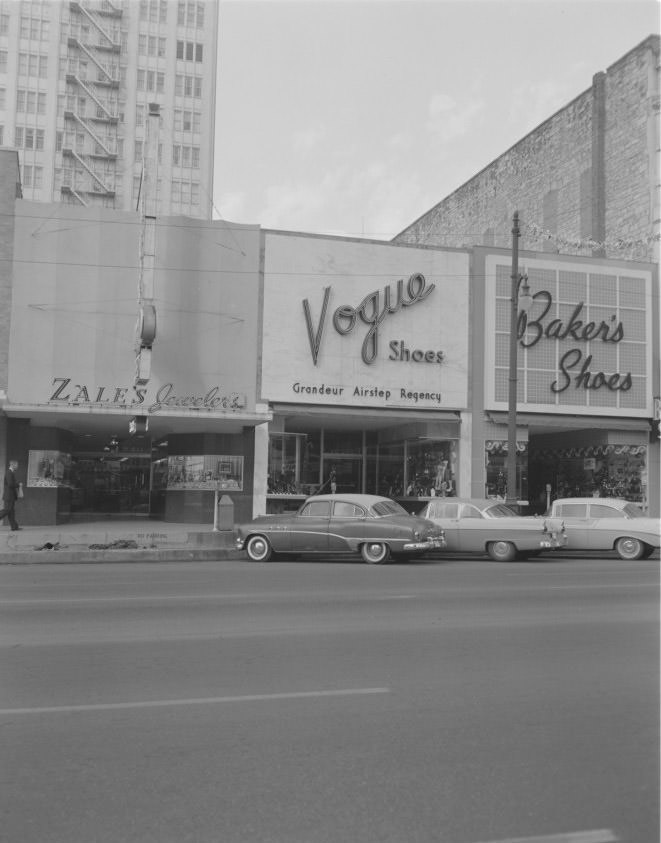 Exterior of Zale's, Vogue Shoes, and Baker's Shoes Stores, 1959.