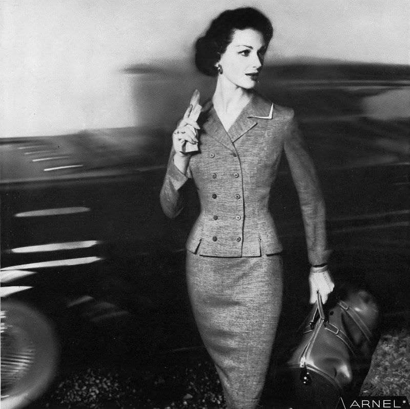 Betsy Pickering in Arnel and rayon suit by Glenhaven, 1958