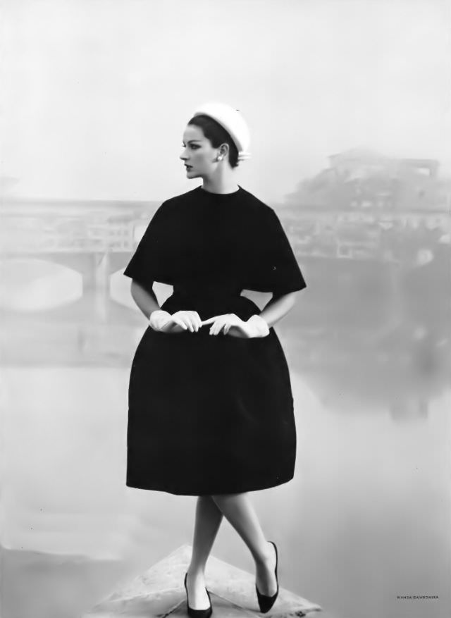 Betsy Pickering in black wool egg-shaped dress by Simonetta, 1959