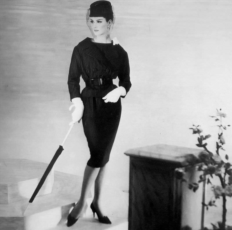 Betsy Pickering in pinstriped suit by Christian Dior, 1959