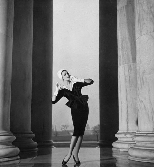 Betsy Pickering in silk faille dress with piqué accent by Jo Copeland, 1959