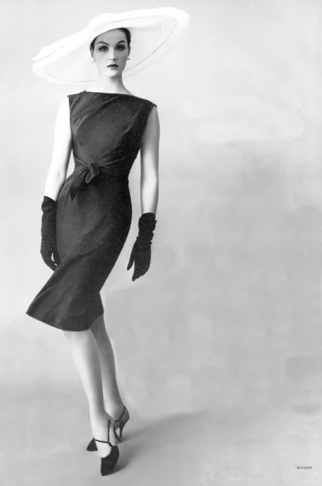 Betsy Pickering in black silk crêpe dress by Miss Bergdorf, 1959