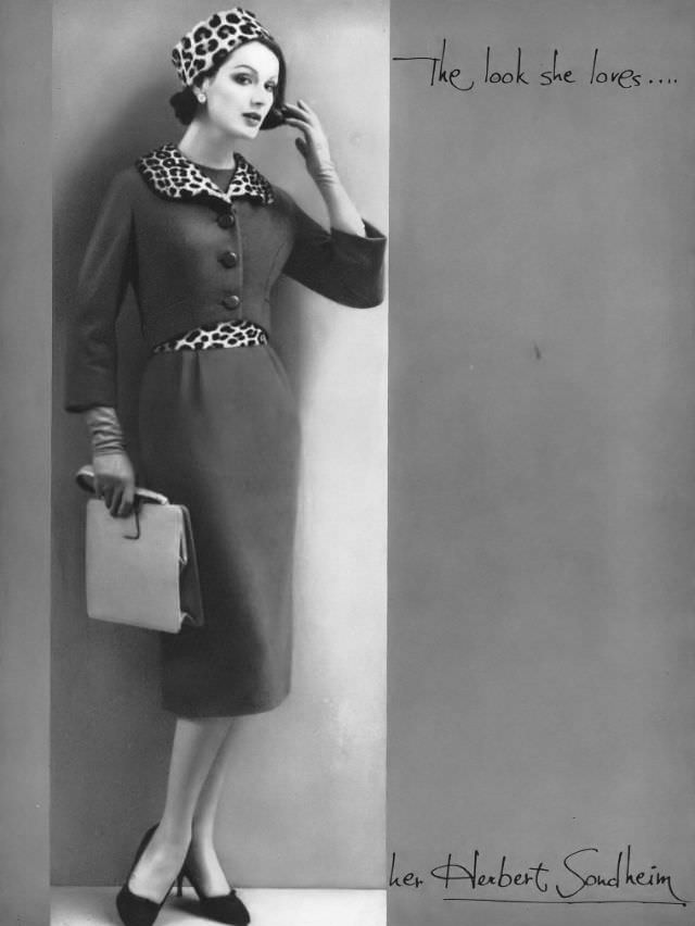 Betsy Pickering in suit with leopard accents by Herbert Sondheim, 1959
