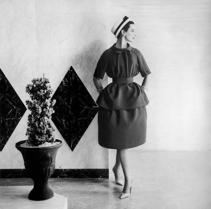Betsy Pickering in two-piece dress by Nina Ricci, 1959