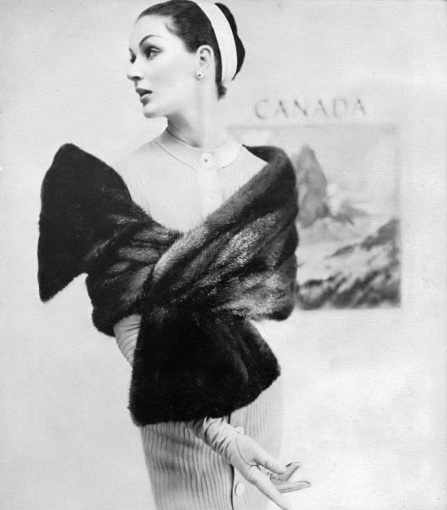 Betsy Pickering wears a CMB Majestic Canada Mink stole, 1956