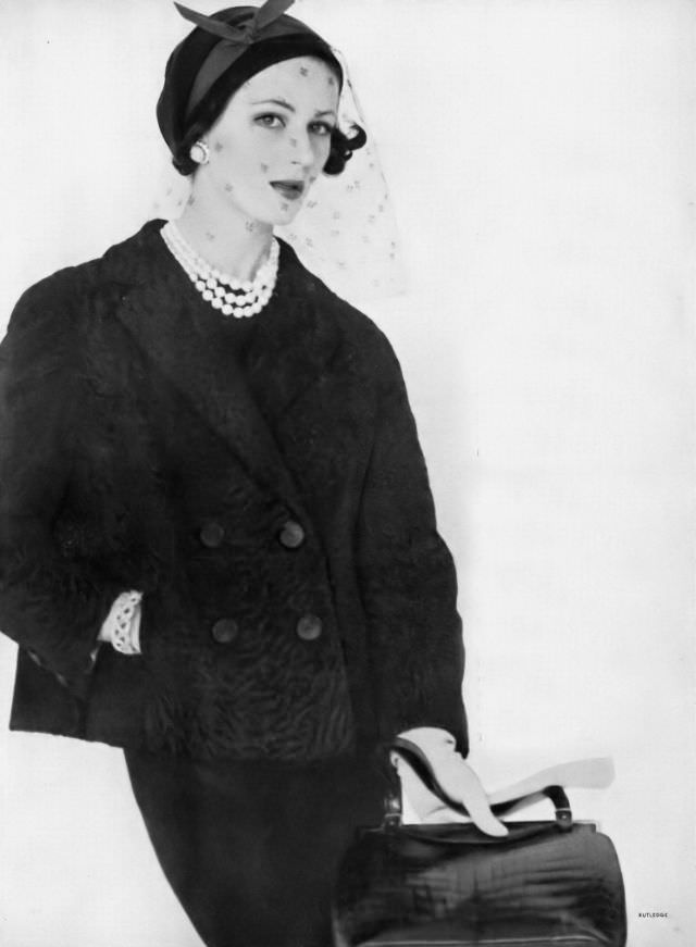 Betsy Pickering in Argentine broadtail lamb jacket by Zimmerman-Scher, 1957