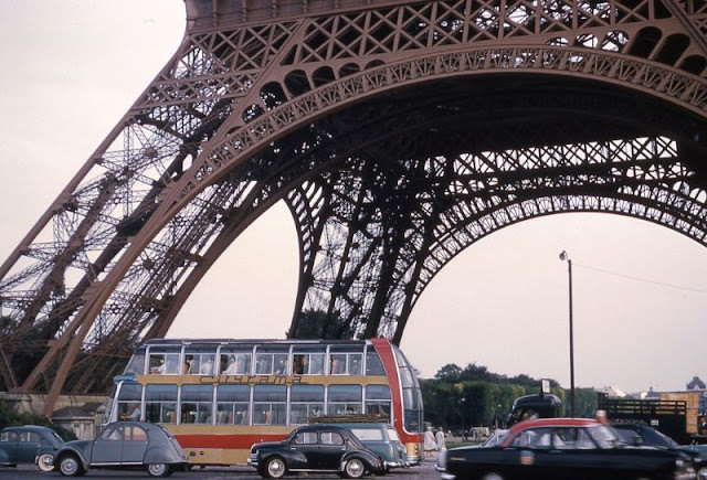 Cityrama bus under Eiffel Tower, Paris, France, 1961
