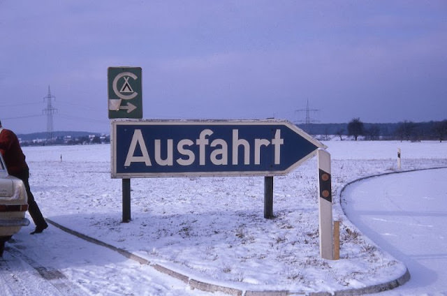 “Ausfahrt” road sign, Germany, circa 1964