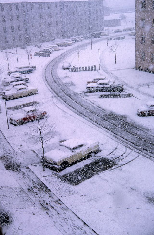 Cars covered in snow, most likely near a US Army base in Germany, 1968