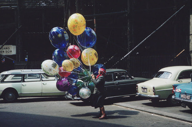 Balloon seller in a strong wind, Vienna, Austria, May 16, 1964