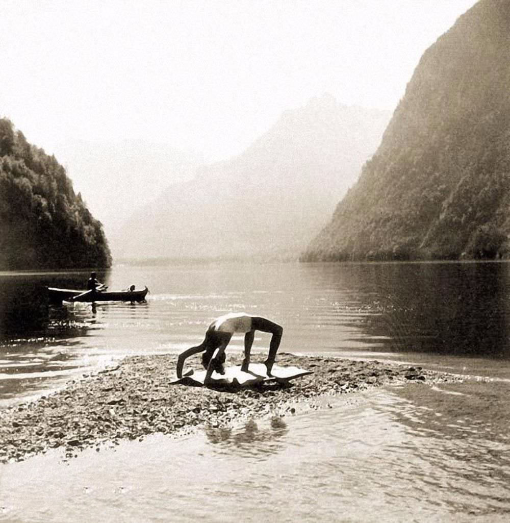 Braun exercising in her bathing suit at Konigssee lake, a few miles from Hitler's mountaintop retreat, in 1942.