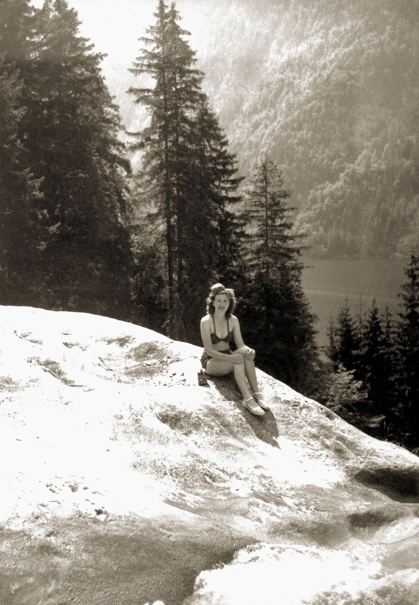 Eva Braun sunbathing at Konigssee, near Berghof, Berchtesgaden, Germany, 1945