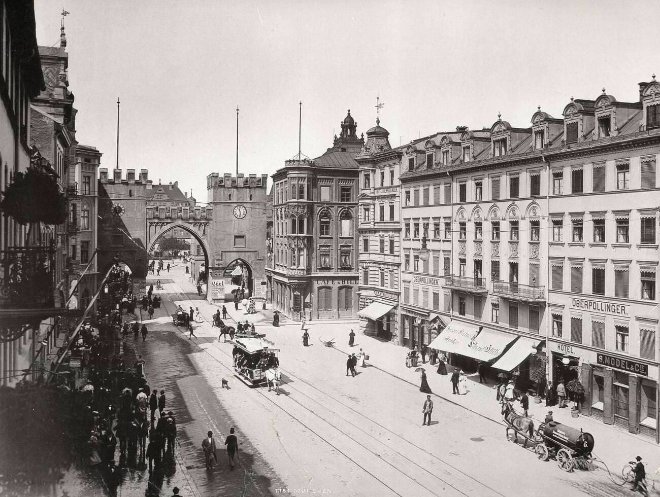19th century street scene and city gate, Munich.