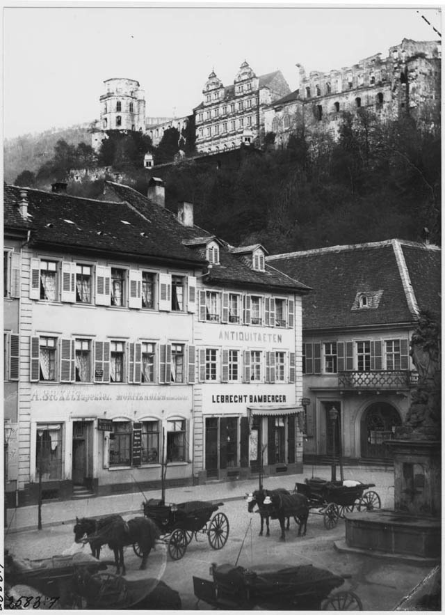 Kornmarkt, Heidelberg, horse carriages, 1881.