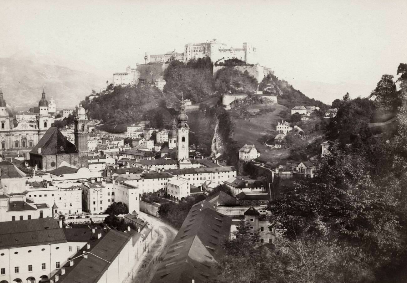 Salzburg, Austrian city on the German border, views of Alps, Salzach River divides Old and New City.