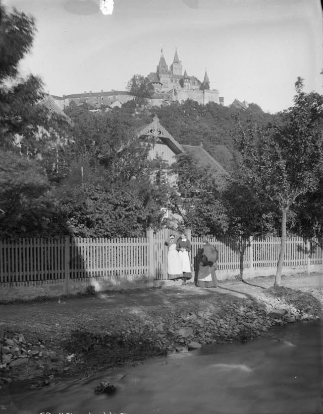 Women in Wernigerode, Wernigerode Castle background, 1885.