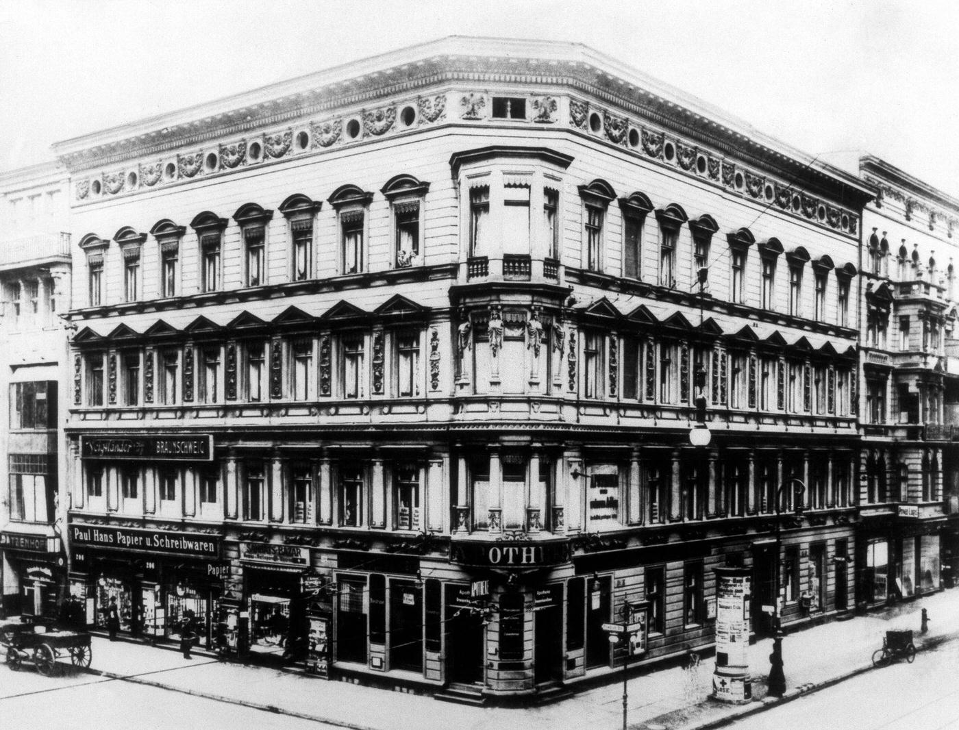 Berlin: Baroque town palace with "Black Eagle" pharmacy, Friedrichstrasse and Zimmerstrasse corner, 1888.