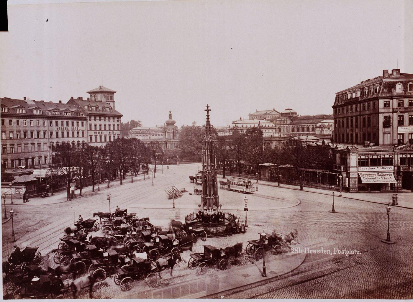 Horse-drawn carriages on Postplatz, Dresden, 1880s.