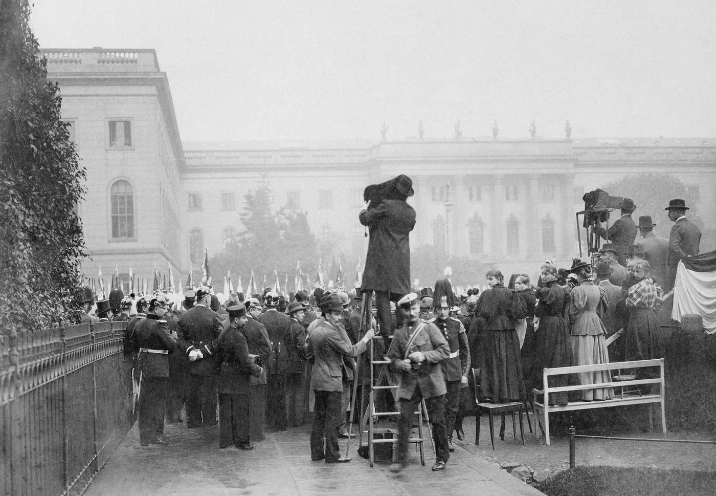 Fahnenweihe Unter den Linden, Berlin, near Humboldt-Universität, 1897.