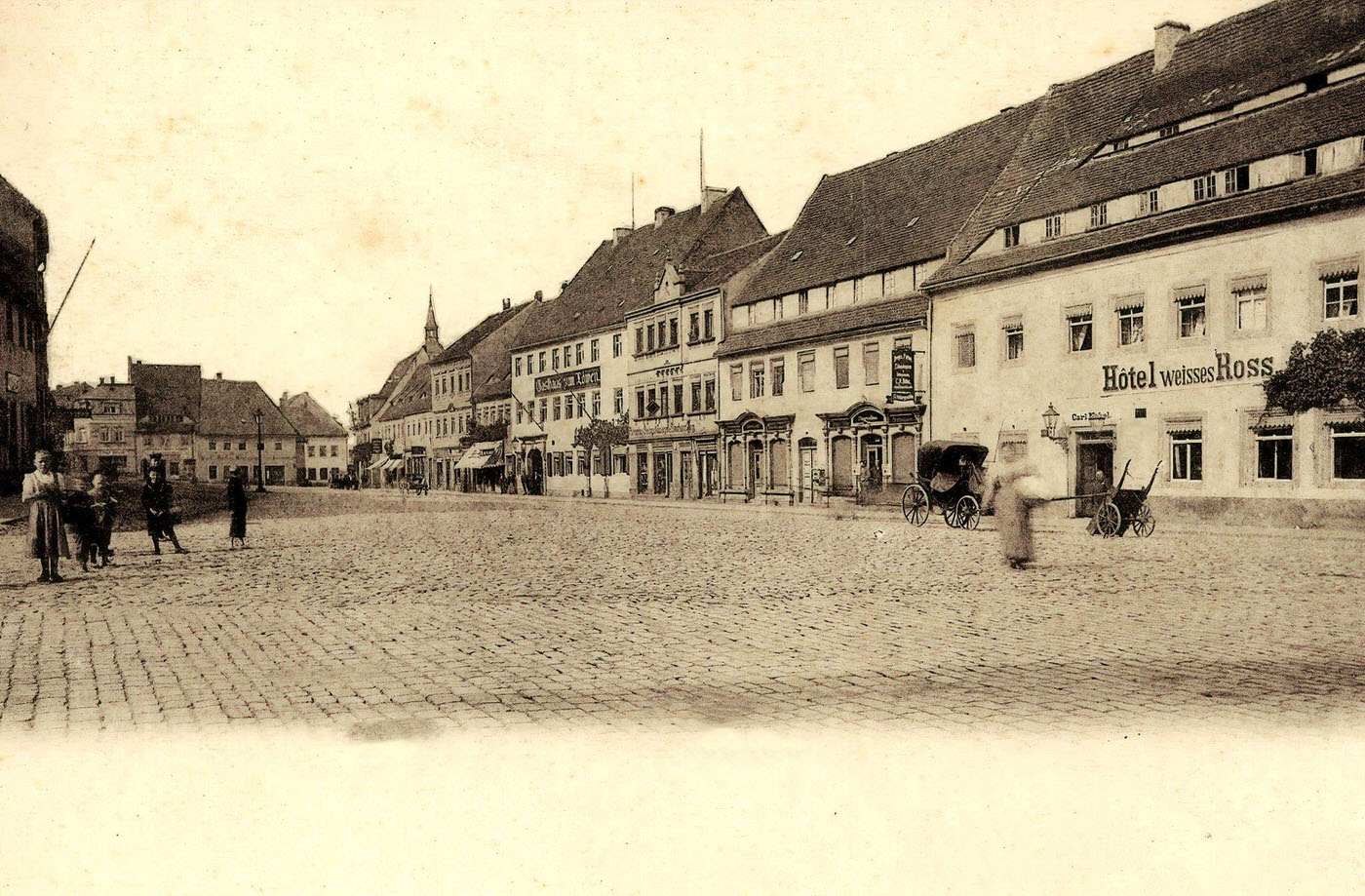 Altmarkt, Oschatz, Horse-drawn carriages, Hotels, Shops in Saxony, Germany, 1898.