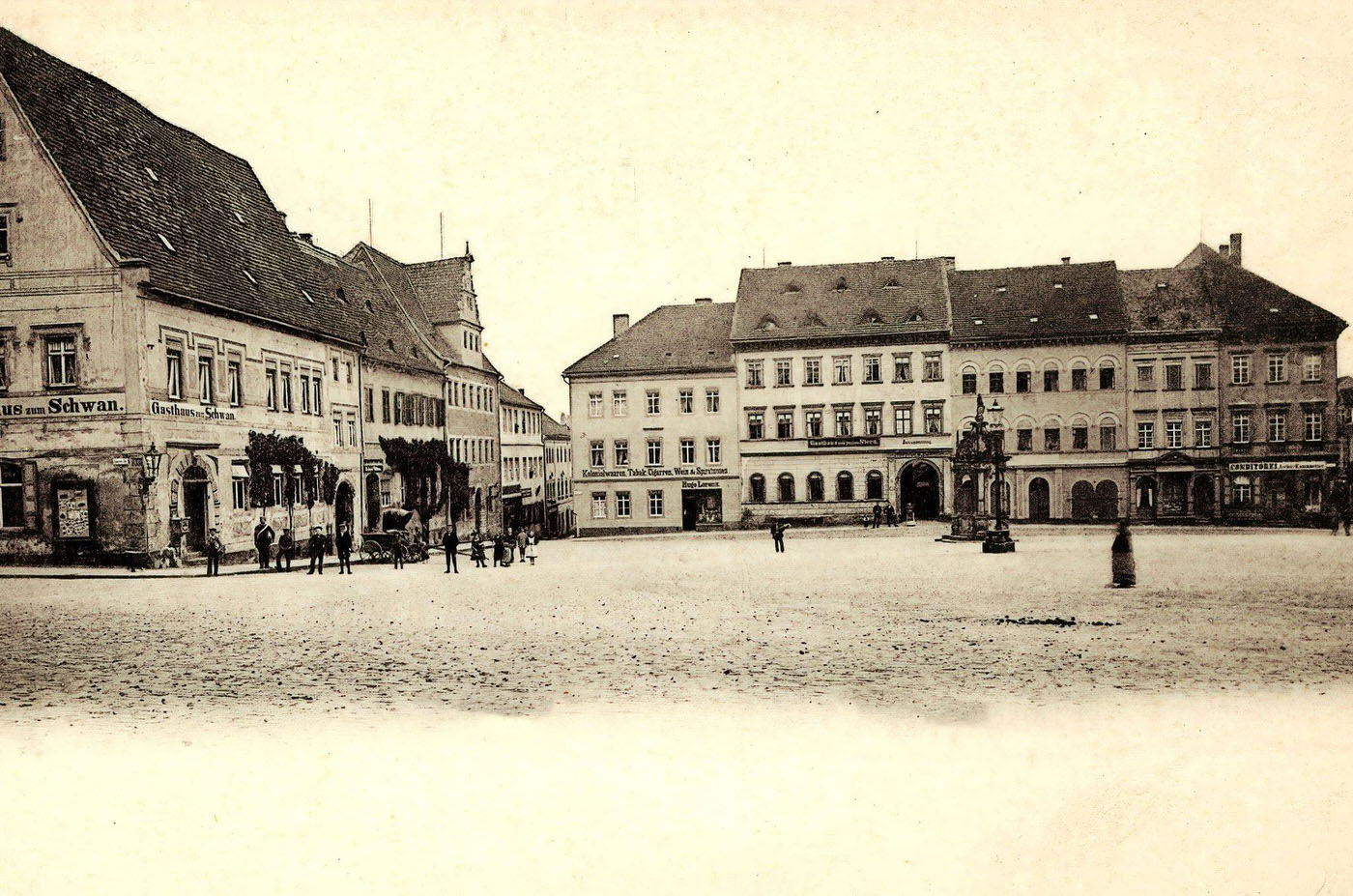 Neumarkt, Oschatz, Buildings, Restaurants, Shops in Saxony, Germany, 1898.
