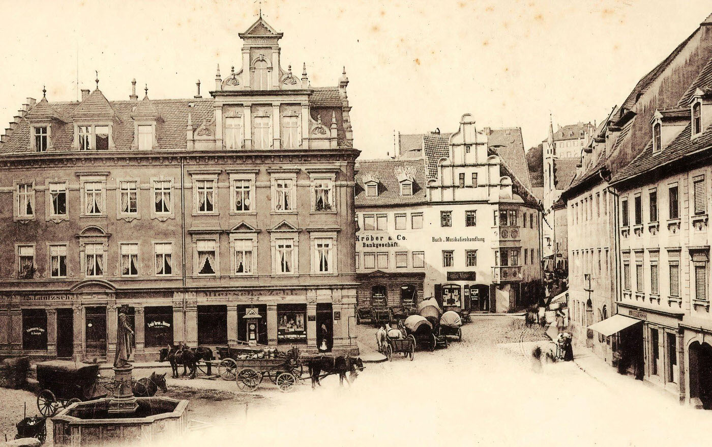 Water wells, carriages, Heinrichsplatz, Saxony, Germany, 1902