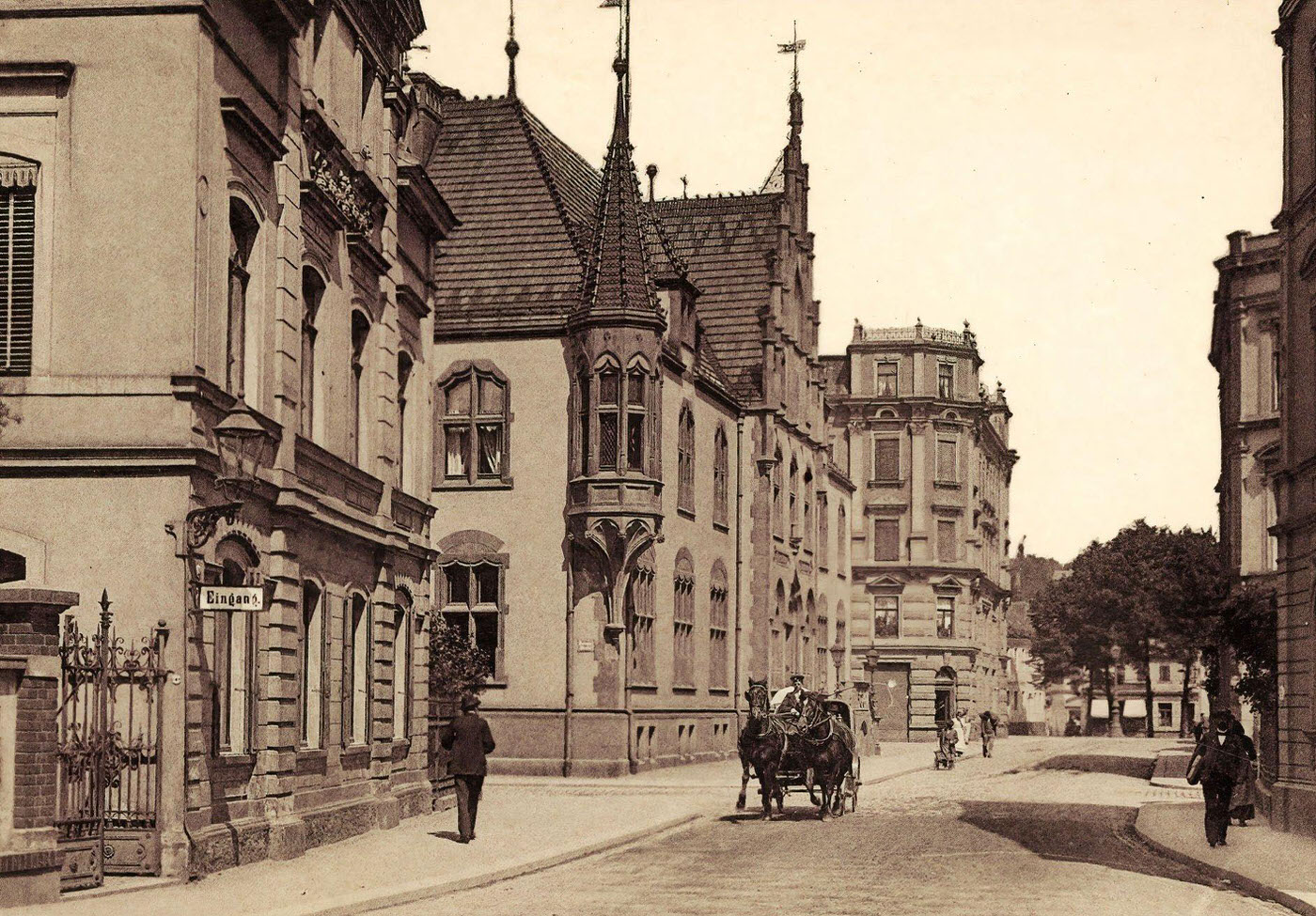Horse-drawn carriages in Germany, Buildings in Dobeln, Germany, 1903.