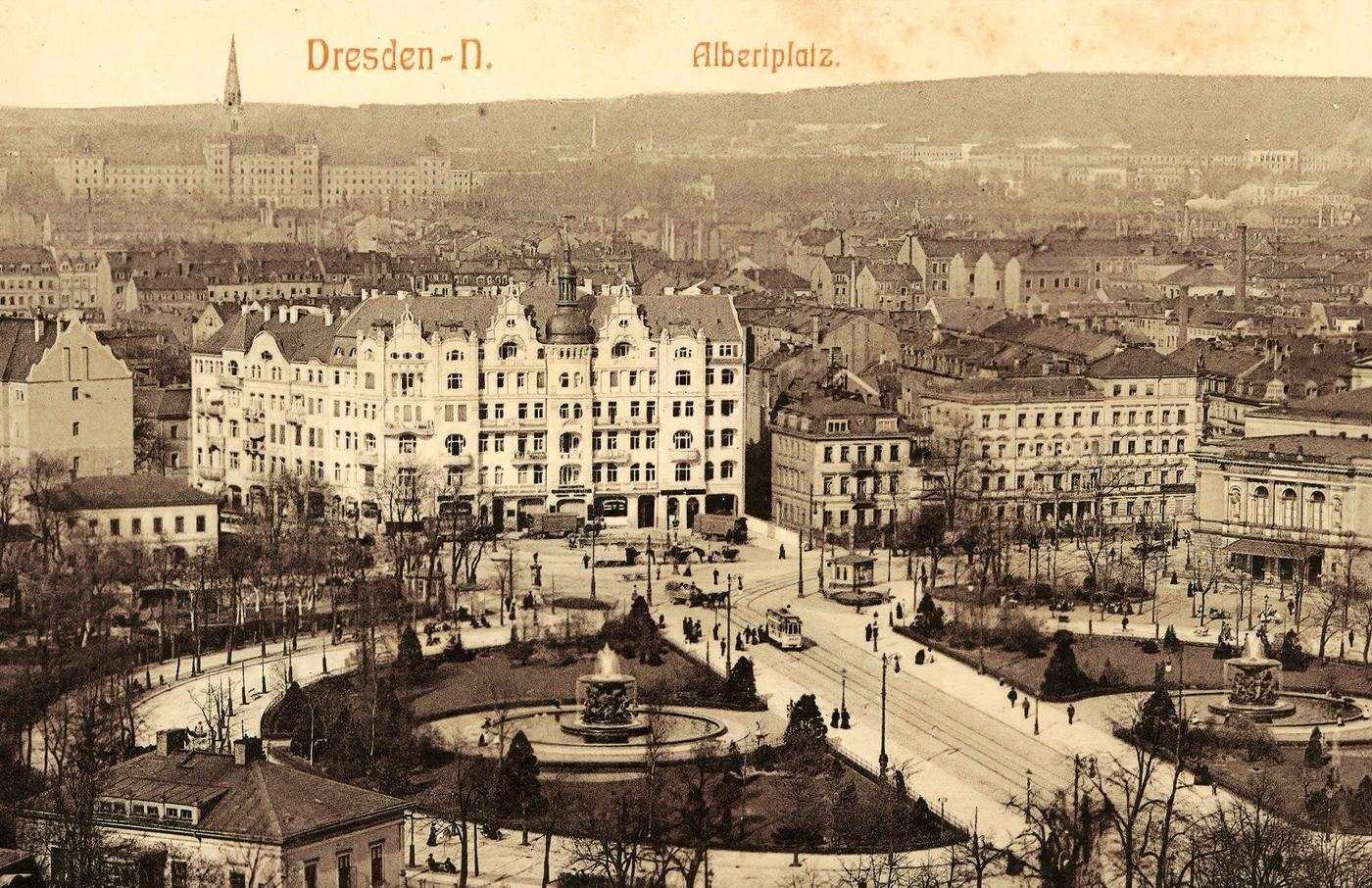 Albertplatz, Schutzen-Kaserne, Trams, Dresden, Germany, 1904.
