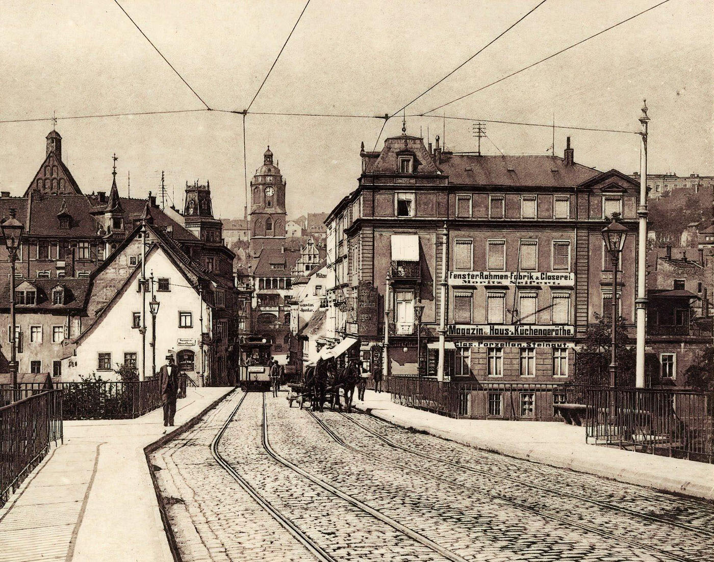 Trams in Meissen, Frauenkirche, Altstadtbrucke Meissen, Germany, 1904.