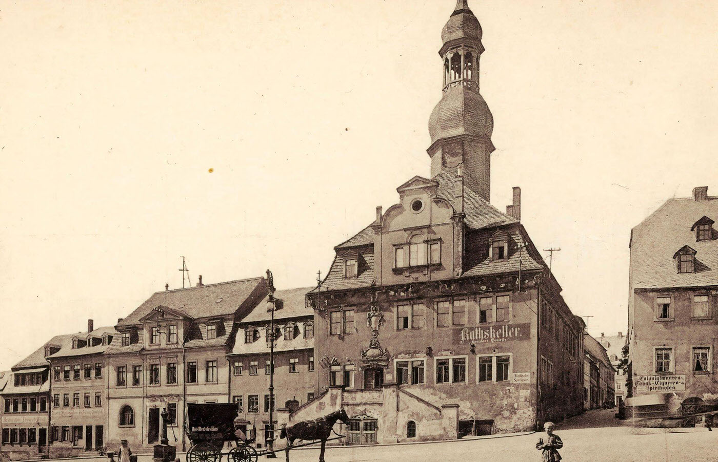 Horse-drawn carriages in Germany, Horses of Saxony, Markt in Waldenburg, 1900s, Germany.