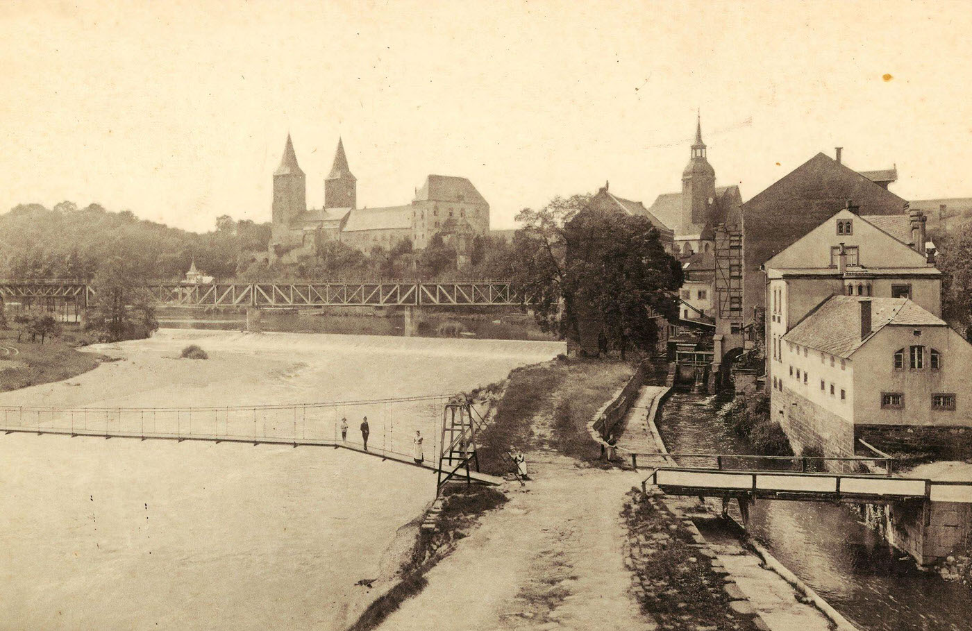Bridges in Rochlitz, Schloss Rochlitz, Zwickauer Mulde, 1900s, Germany.