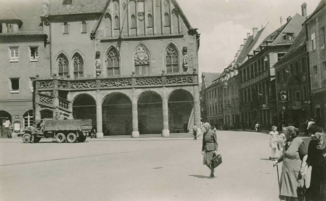 Antique c1948 photograph, US Army truck in front of the Amberg City Hall in Amberg, Bavaria, Germany. SOURCE: ORIGINAL PHOTOGRAPH
