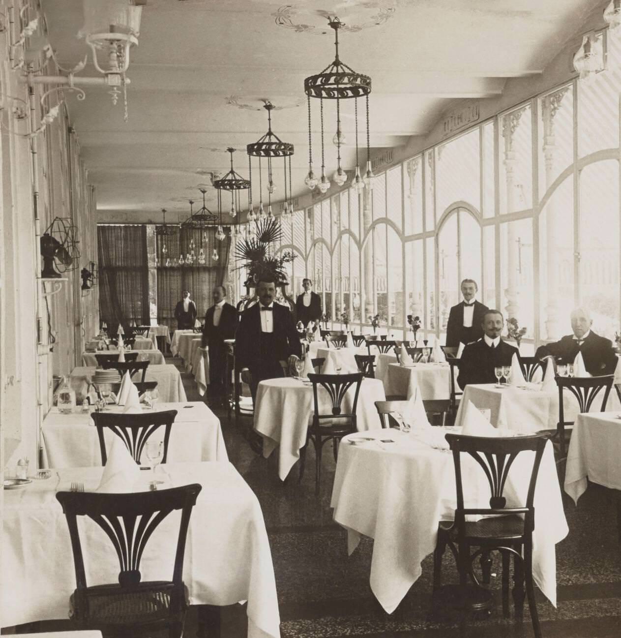 Vintage photo of dining room of famous Englischer Hof in Baden-Baden. Germany. 1907 The Hotel Englischer Hof is a hostel in the case of the disappeara