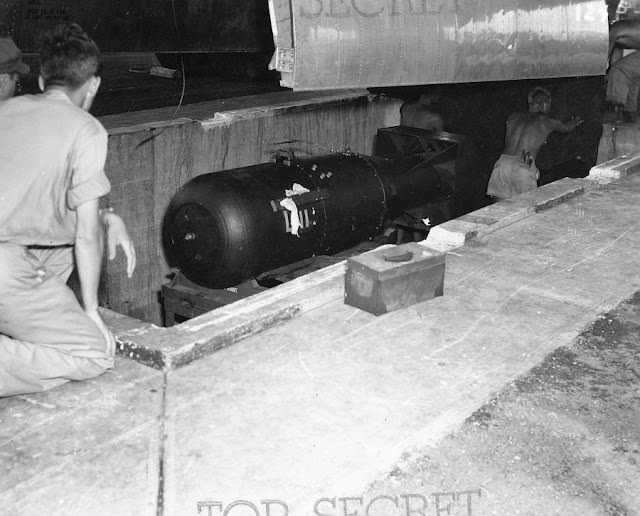 Little Boy ready to be lifted into the Enola Gay.